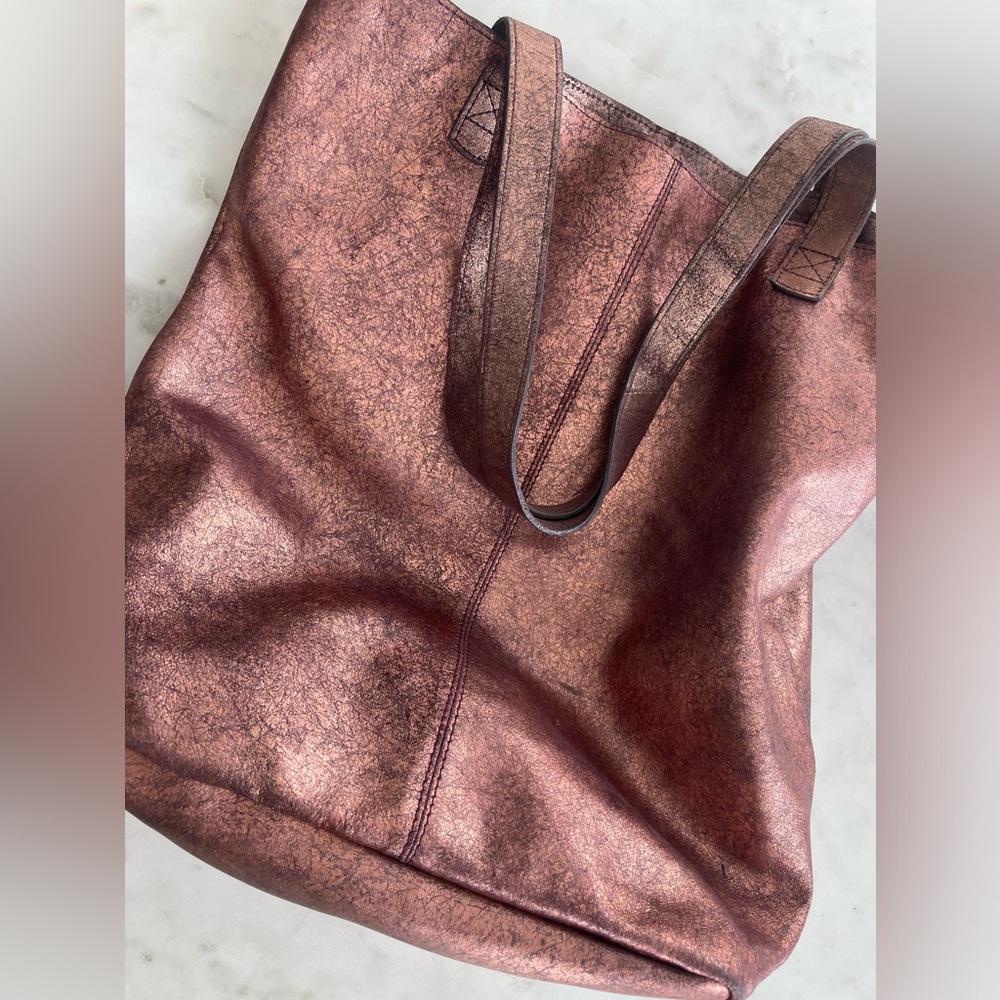 Paper Source 100% Genuine Leather Metallic Rose Gold Tote Bag